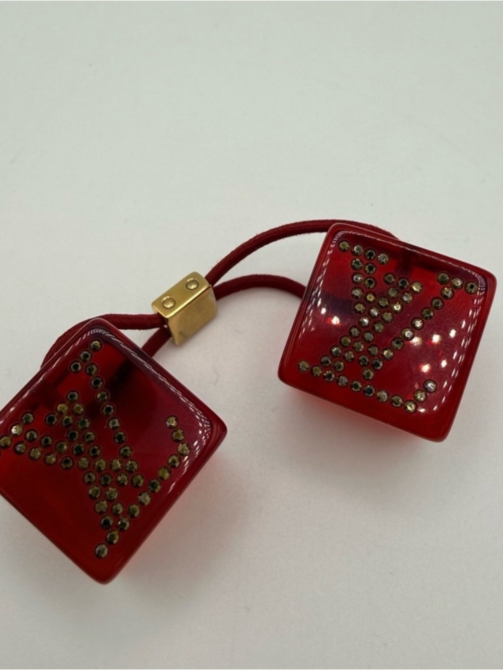 Louis Vuitton Red Logo Cube Hair Tie with Gold Accents - Picture 6 of 10